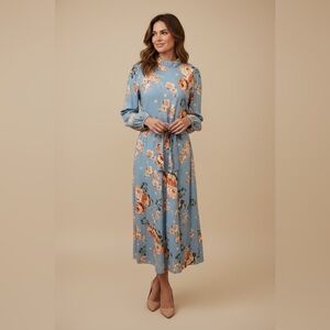NEW Shein Blue Floral Long Sleeve Maxi Dress Ruffle Neck Tie Waist‎ Medium
